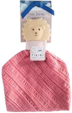 DAM Tikiri Safari: Schmusedecke Dunkelrosa - LEO Mit Kopf Aus Naturkautschuk (Beißring) 25x23cm, Auf Karton, 0+