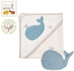 Fehn 056426 Bade-Set Wal FehnNATUR – Kapuzenhandtuch Und Waschlappen Aus 100% Bio-Baumwolle – Für Babys Und Kleinkinder Ab 0+ Monaten – Größe: 70 X 70 Cm, 26 Cm