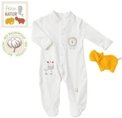 Fehn 056471 Schlafanzug FehnNATUR – Baby-Pyjama Set Mit Strampler & Spieltier Aus Bio-Baumwolle Für Babys Von 0-3 Monaten – Größe: 62