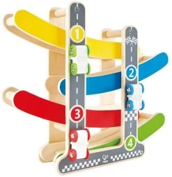 Hape E0438 Flickflack-Rennbahn, Inkl. DREI Autos, Autorennbahn Aus Holz, Ab 18 Monate