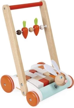 Janod Holzwagen Hase-Holz Lauflernwagen-Wackelnder Hasenkopf Auf Feder, Karotten Abakus-Mit 19 Holzbausteinen-Kinderspielzeug-Ab 1 Jahr, J08251